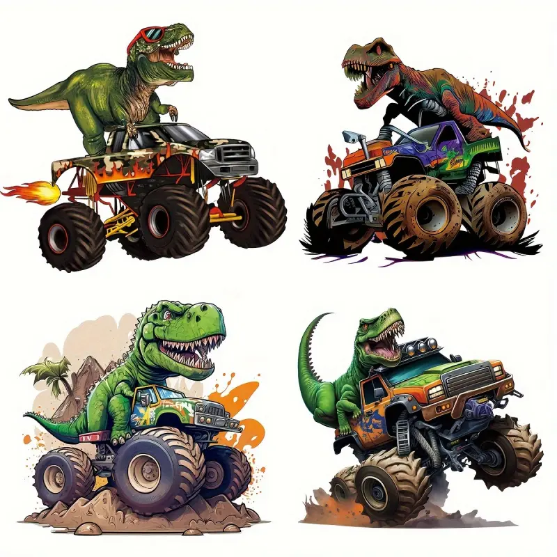 6 Pack Monster Truck T-Rex DTF Transfer Stickers DIY Craft Supplies Iron on Washable Heat Transfer Decals for Clothing Tshirt Mask Jeans Backpack Dinosaur