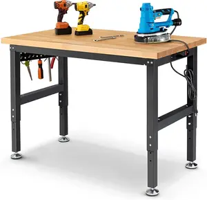 ENJOYWOOD Workbench for Garage 48 Inch Work Bench Table Adjustable Height Rubberwood Tabletop Work Table with Power Outlets for Woodworking Shop Home Office Electronic Cutting Wood
