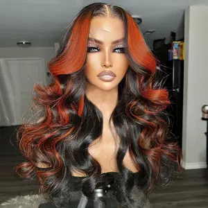 QD-Tizer 13x4 Orange Highlights Synthetic Lace Wig 26"180% Density Body Wave Ginger Orange and Black Color Wig for Women Deep Part HD Glueless, Synthetic Hair, Perfect for Parties & Halloween