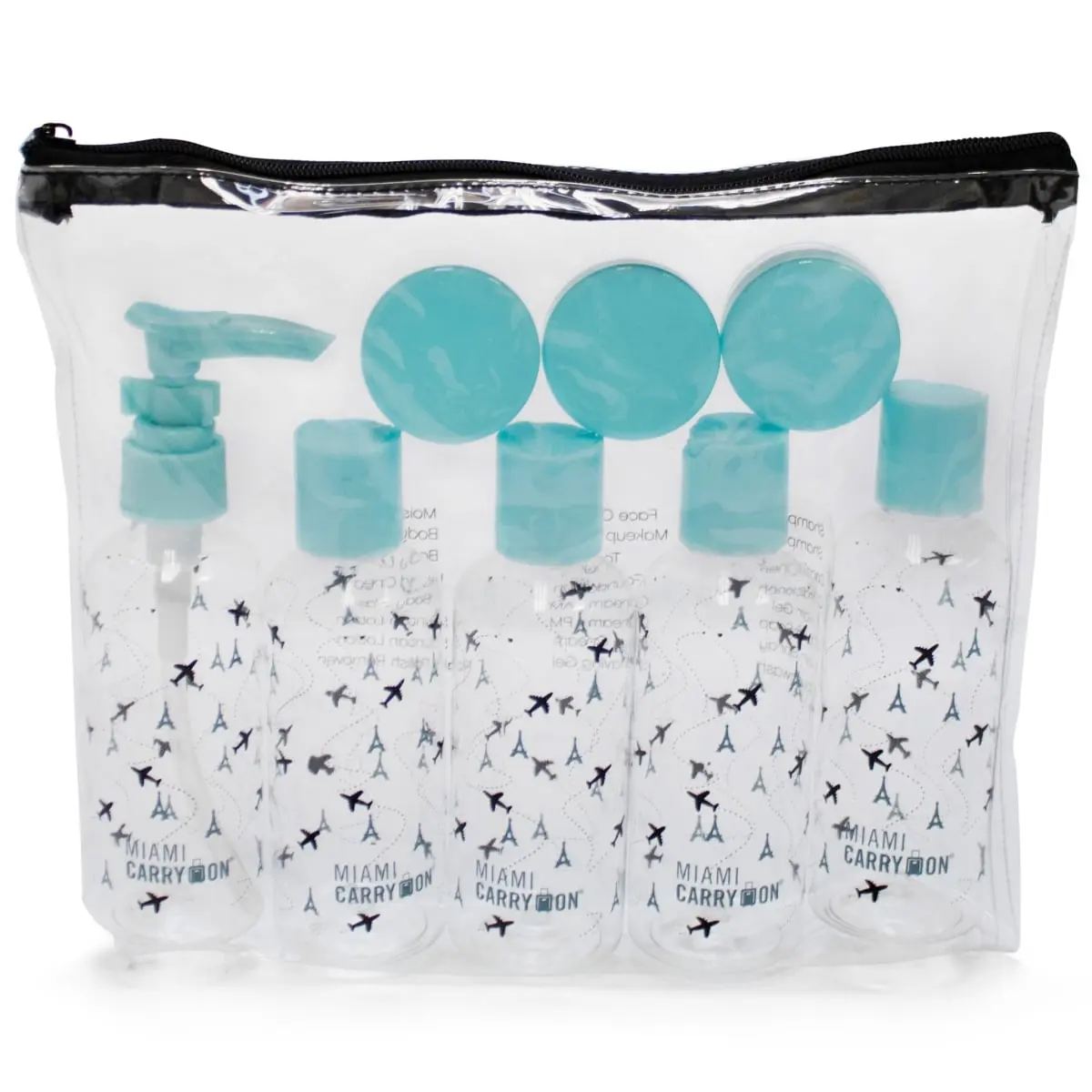Miami CarryOn TRBT08PRTV 9-Piece TSA-Approved Eco-Friendly Travel Set - BPA-Free, Zipper-Included, Compact, Label-Ready, Travel-Ready, 10ml Containers, 1x15ml Jar, 1x Bottle Dispenser (Paris), Airplane