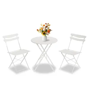GAOMON 3 Piece Patio Bistro Set, Folding Patio Bistro Table and Chairs Set of 2, Outdoor Patio Furniture Set, Metal Structure, No Assembly Need, for Balcony Yard Garden, White