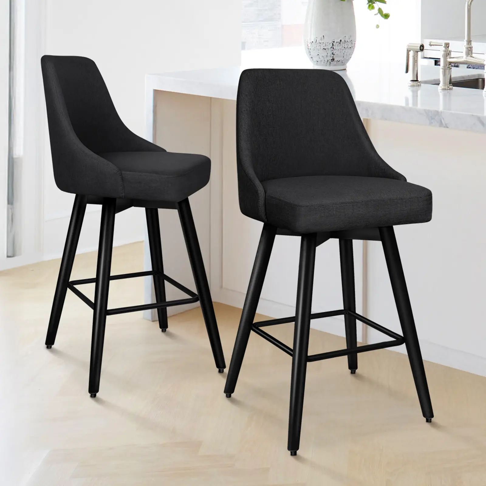 ALFORDSON Swivel Bar Stools Set of 2, 26" Modern Bar Chairs with Full Backrest & Breathable Linen Fabric, Sturdy Metal Legs Counter Height Barstools for Kitchen Island Dining, Black