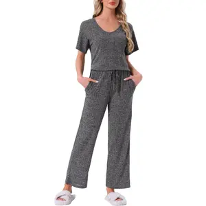 INSPIRE CHIC Womens Lounge Casual Ribbed Knit Short Sleeve Drawstring Pants Pajama Set with Pockets X-Large Dark Grey