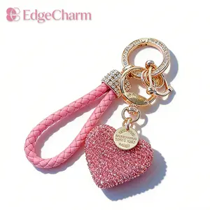 Full Rhinestone Clay Heart Keychain, Bling Love Heart Car Key Ring with Braided Leather Strap, Luxury Bag Charm Accessory for Women