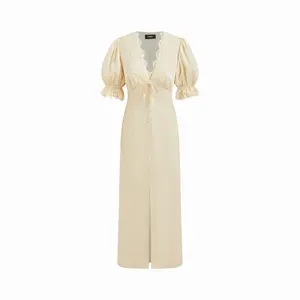 Cider Satin V-neck Lace Trim Tie Front Puff Sleeve Maxi Dress