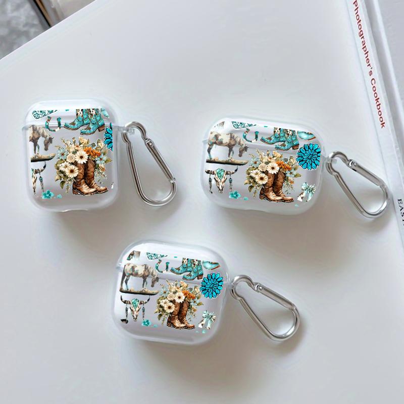 Western Charm Collage Pattern TPU Soft Protective Case for Apple AirPods 4/3/2/1/Pro/Pro2 Transparent Earphone Cover with Keychain Attachment