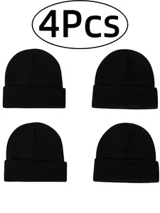 4Pcs-black knitted hat pullover mens knitted hat mens beanie Classic Plain Pattern Fitted Design