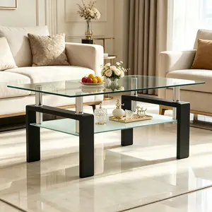 Modern Rectangle Tempered Glass Coffee Table,Double-Layer Clear Glass Center Table with Black Metal Frame for Living Room Office 38.6" x 22.6" x 17.7",Durable Sturdy Construction,Easy to Clean