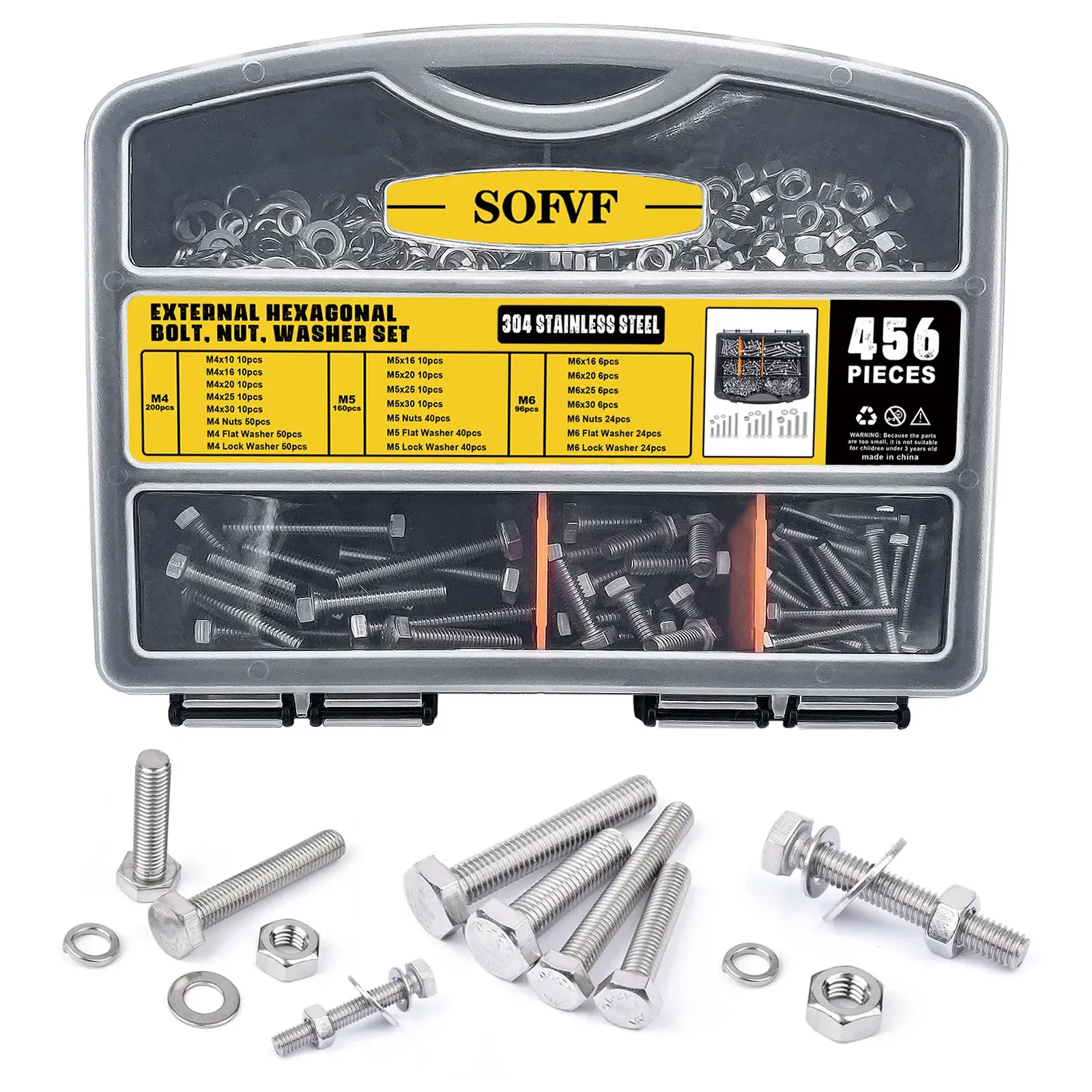 456Pcs M4 M5 M6 External Hex Bolt Nut Washer Assortment Kit, 304 Stainless Steel Hex Cap Screws Nuts Flat & Lock Washers Set for Furniture, Metal Frame, Deck, Outdoor & Indoor Repair Fastening