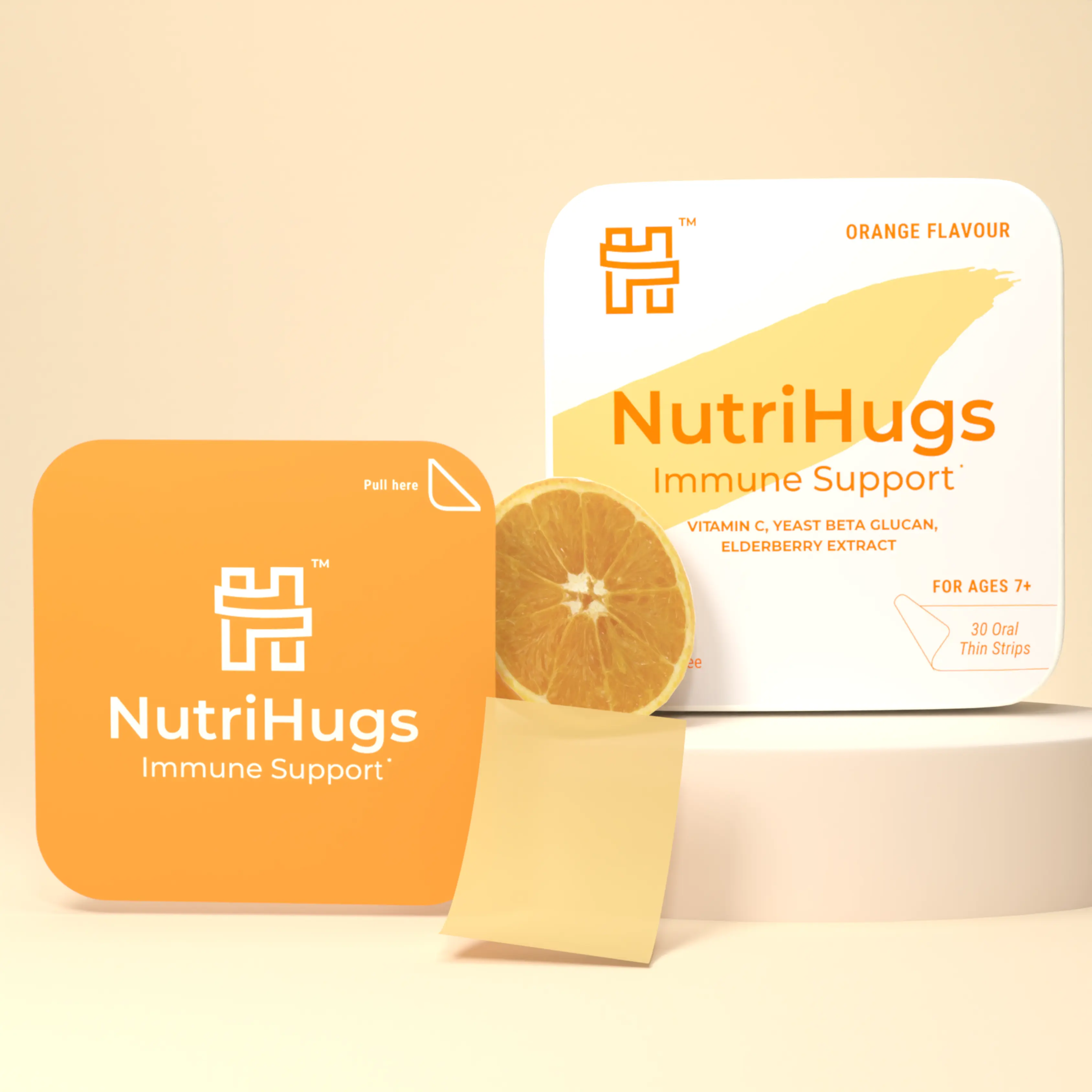 NutriHugs by MedHugs Portable Edible Vitamin C+ Oral Melt Strips - 30 Natural Orange-Flavored, Vegan, GMO-Free, Sugar-Lactose-Free, Yeast Beta Glucane Immune Boost Dietary Supplement (Multi-Pack)