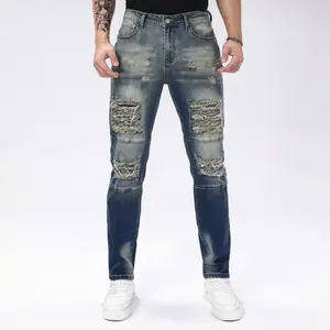 Slim Fit Denim Jeans with Exaggerated Ripped Distressed Details – Edgy Streetwear Essential for Casual Everyday Style
