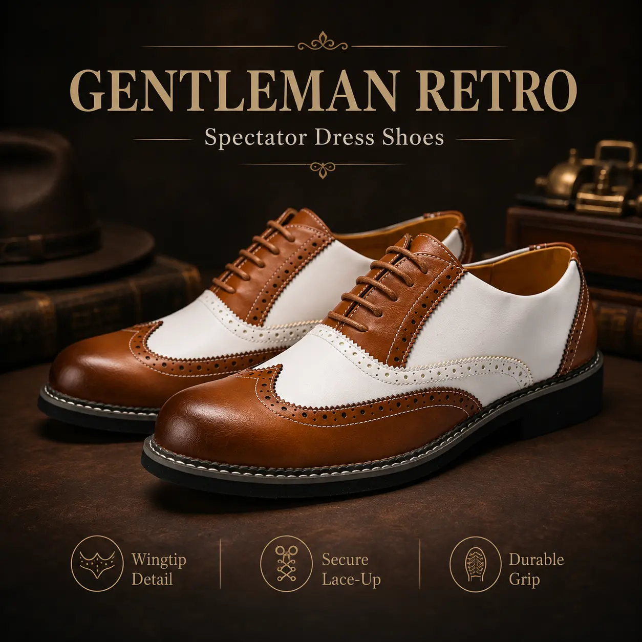 Men’s Classic Brown & White Wingtip Brogue Formal Oxfords - Lace-Up Cuban Ankle Plain All-Season Walking Shoes for Weddings, Prom, Formal Business Shoes, Wedding Wear, Oxford Dress Shoes, Footwear