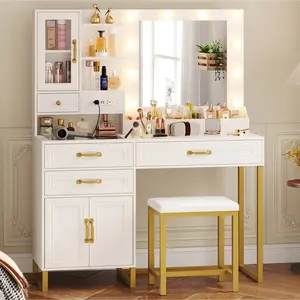 SIKAIC Modern Lighted Vanity Table with Rectangular Glass Top, Padded Stool, Spacious Surface, White & Gold Indoor Furniture, Vanity With Lights