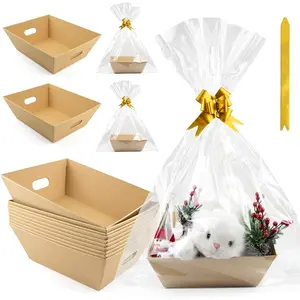 10PACK Empty Gift Basket Set, 11.8x9.8" Thick Kraft Market Tray Gift Basket with 10 Bows 10 Bags Empty Gift Baskets for Christmas Thanksgiving Valentine Easter Wedding Birthday Gift Wrapping (Kraft)