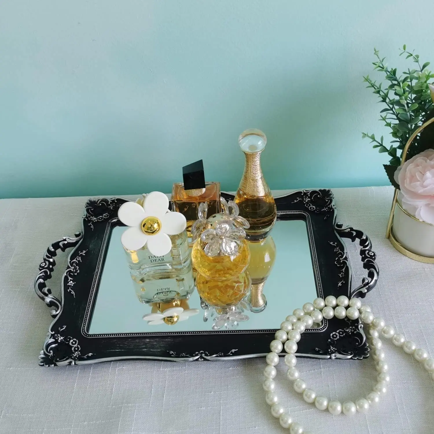 Rectangle Decorative Mirror Tray, French Style, Makeup Organizer, Jewelry Organizer, Serving Tray, 9.5"x 14.9", Silver Black