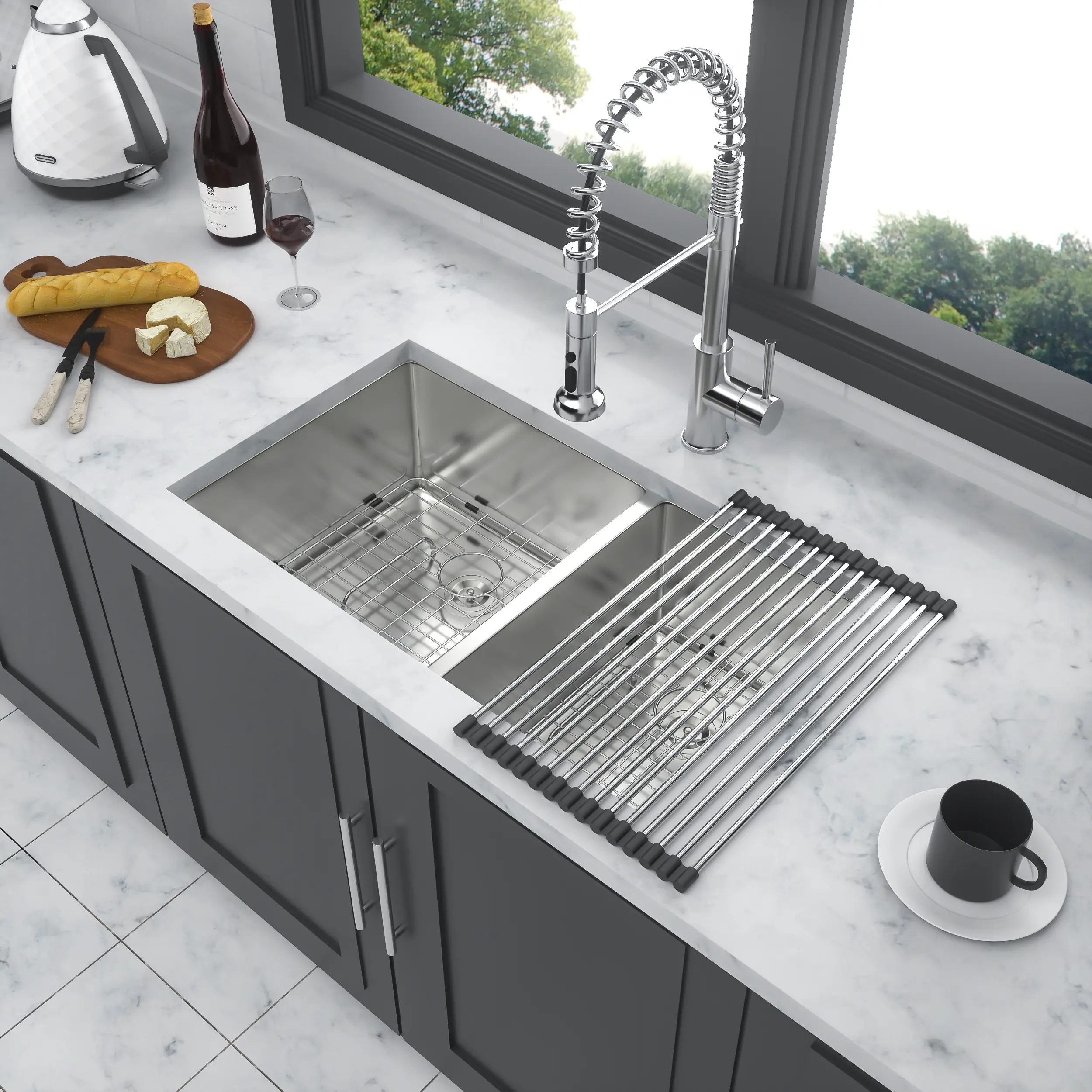 16 Gauge Stainless Steel 32 x 18 x 9 Inch Undermount Double Bowl Kitchen Sink 60/40 Split Deep 9 Inch Basin Modern Brushed Nickel Finish for Kitchen Island Laundry Room Utility Wash Station, Home Furniture and Household Product Search Terms