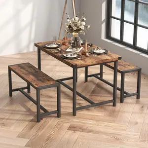 Dining Table Set for 4, Kitchen Room Table Set with 2 Benches, 3-Piece Wood Dining Room Dinette Sets Dining Chairs Set for Breakfast Nook for Small Space, Apartment, Rustic Brown