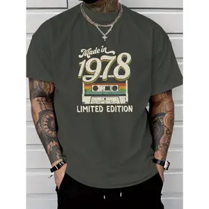 Men's Retro 1978 Cassette Tape Pattern T-Shirt - Limited Edition Soft Breathable Fabric, Regular Fit Short Sleeve Round Neck Casual Summer T-Shirt Suitable for Casual Wear, Retro Cassette Design | Machine Washable Shirt, Vintage T-Shirt Nostalgic