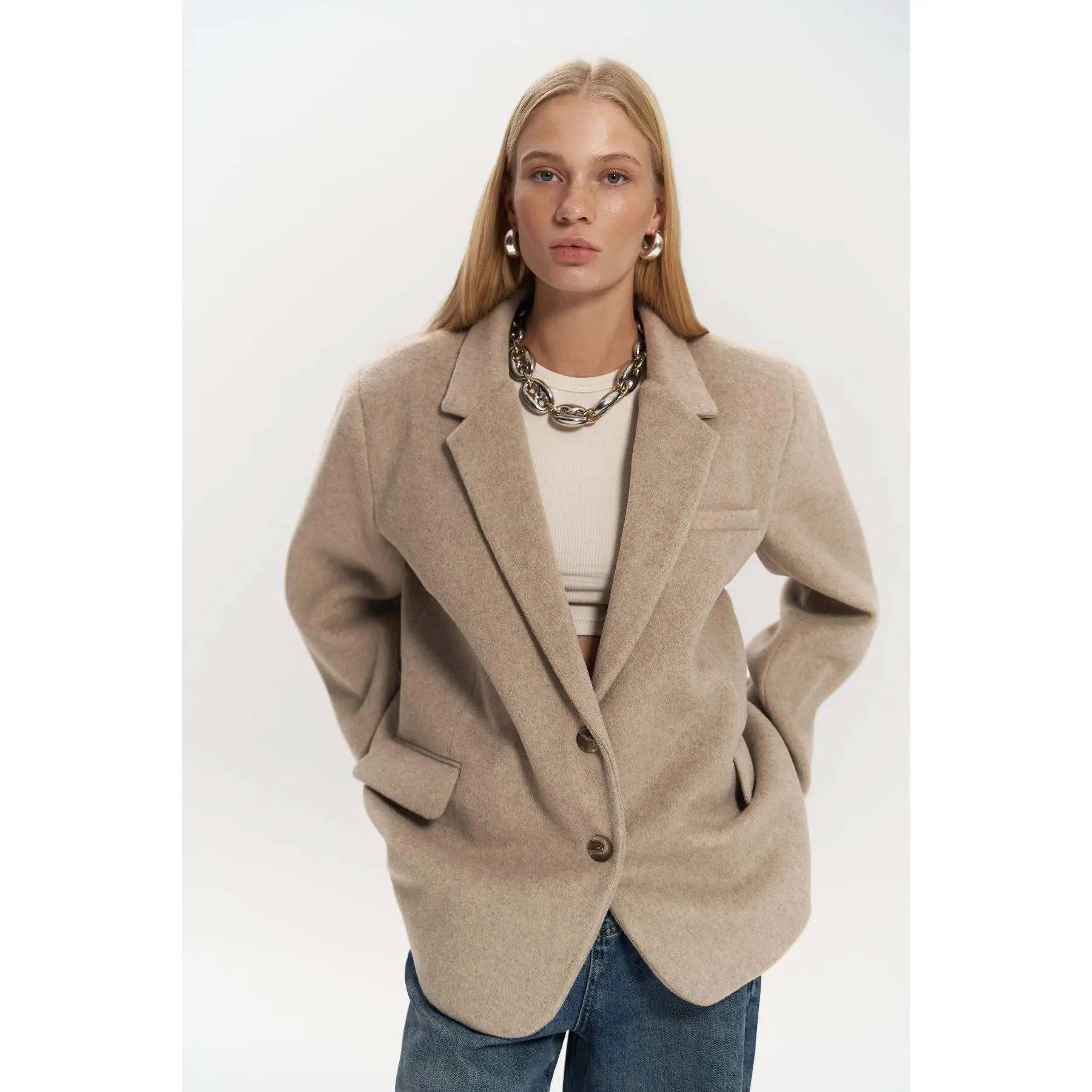 Beige Jacket - Single-Breasted Oversized Blazer Long Sleeve Fitted Casual Minimalist All Seasons Medium Length Plain Womenswear