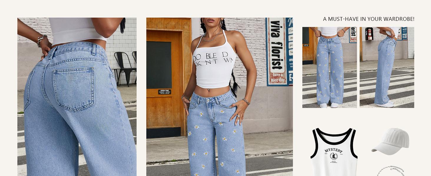 Ebossy Women's High Waist Wide‑Leg Denim Palazzo Pants, Daisy Floral Embroidery, Long Trousers With Pockets