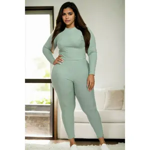 Plus Size Ribbed Mock Neck Long Sleeve Top & Leggings Set