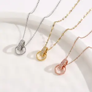 Elegant Interlocking Double Ring Pendant Necklace, Sparkling Pavé Design Dainty Chain, Timeless Everyday Wear Accessory for Women, Perfect for Office, Date Night, Layering, Ideal Birthday Anniversary Gift for Her