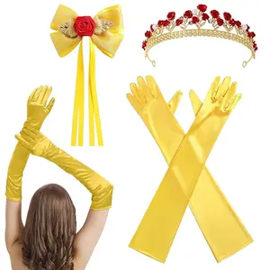 3Pcs Princess Dress Up Accessories Set, Rose Tiara Crown Hair Bow & Yellow Gloves, Elegant Costume Props for Halloween Cosplay Birthday Party Role Play Decor Gifts