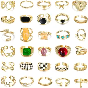 MILACOLATO 30Pcs 18K Plated Gold Chunky Rings for Women Chunky Twisted Signet Rings Stackable Knuckle Midi Ring Adjustable Open Ring Sets