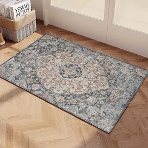 2'x3' Boho Area Rug for Bedroom Non Slip Washable Rug Vintage Carpet Living Room Non-Shedding Indoor Floor Mats Bedroom Kitchen Entryway Rugs-Rectangle Blue Grey