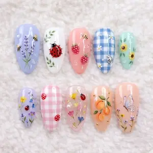 Handmade Spring Garden Press On Nails | Cute Fruit & Ladybug Nail Art | Aesthetic Peach & Floral Custom Fake Nails