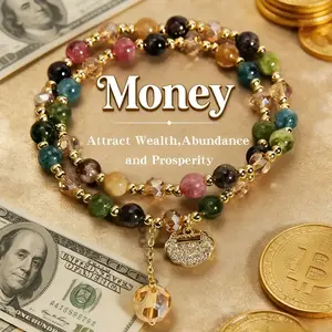 High-End Double Layer Rainbow Tourmaline Round Beads Bracelet, Bohemian Style Bracelet with Delicate Longevity Lock, Unique Jewelry for Women