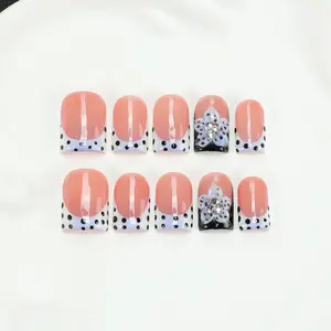 10 pieces/set handmade, hand pressed nails, nude French, Y2Y style, with polka dots and rhinestone flowers, reusable fake nails, suitable for daily wear, date nights, and parties | Salon grade nail kit, including tool kit, False Nails