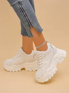 Women's Breathable Mesh Thick Sole Wedge Sneakers, Versatile Lace-Up Casual Shoes, Comfortable Sporty Footwear for Daily Wear, Thick Soled Sneakers
