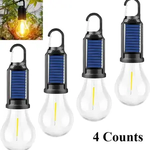 4-Pack LED Camping Lantern Solar Rechargeable Outdoor Tent Light, Essential Camping Gear, Hanging Bulb with Clip Hook, Ideal for Hiking, Fishing