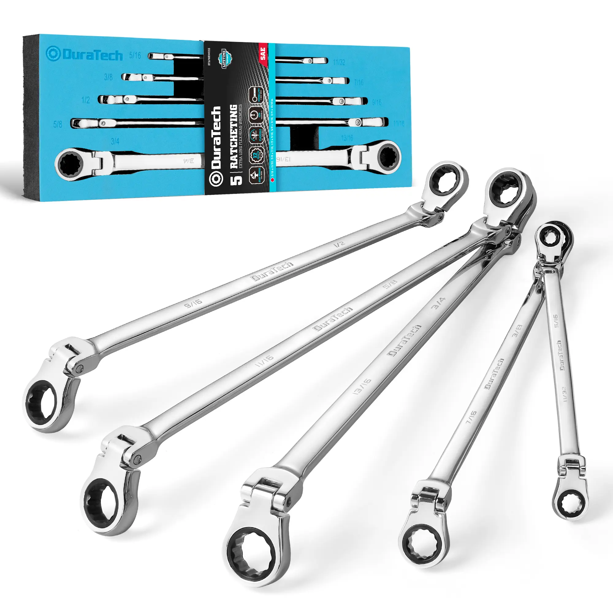 #fathersdaygift DURATECH Extra Long Flex-Head Ratcheting Wrench Set, Double Box End Wrench Set, 5-Piece, SAE, 5/16" to 13/16", CR-V Steel, with EVA Foam Tool Organizer