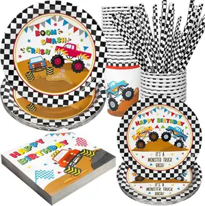 Monster Truck Party Supplies Paper Plates Napkins Cups Straws Set 120PCS