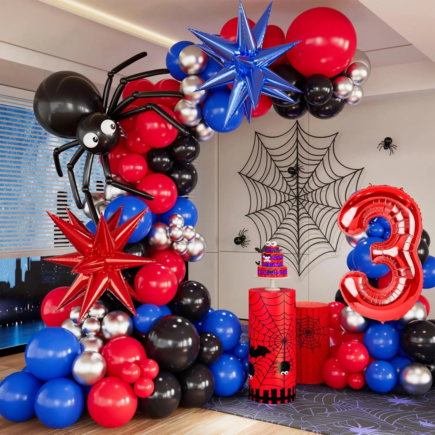 SAGAETR Spider 3rd Birthday Decorations for Boys, Spider Theme Balloons Arch Kit for Man Woman, Spider Birthday Decorations 3  Boy