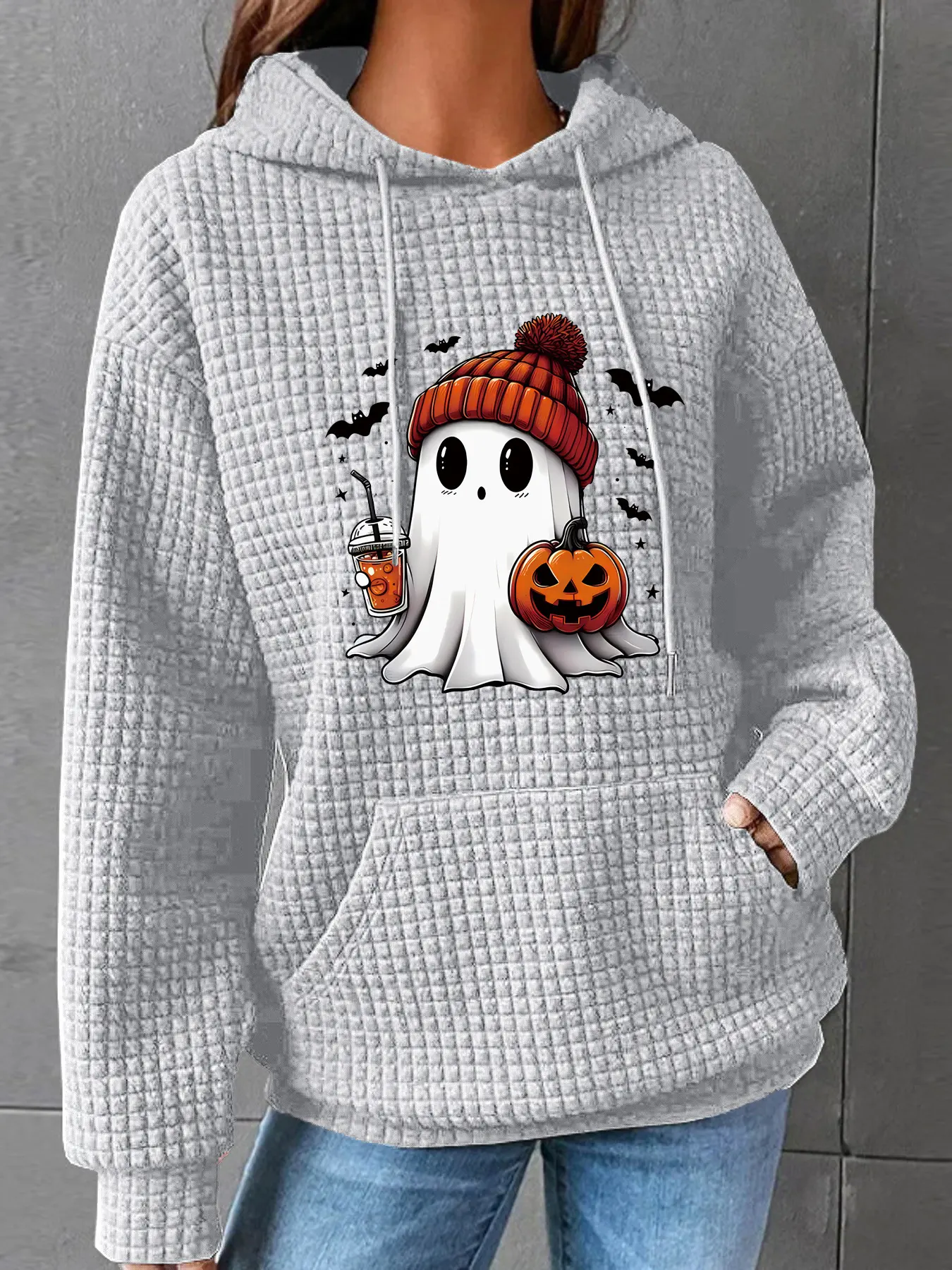 Women's Casual Long Sleeve Round Neck Sweatshirt Hoodie, Pumpkin & Ghost Print, Polyester Knit Fabric, Regular Fit Fall Top, Halloween
