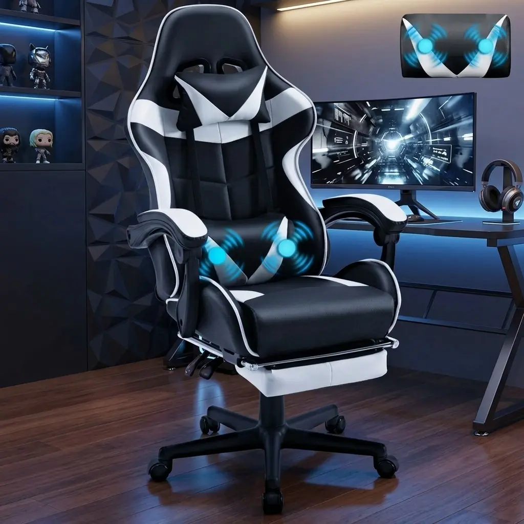 Gaming Chair PU Leather Ergonomic Racing Look Single Seat 300lb Capacity with Footrest Lumbar Support Pillow Headrest Curved Back Linked Arms Height-Adjustable 360° Swivel for Home Game Room