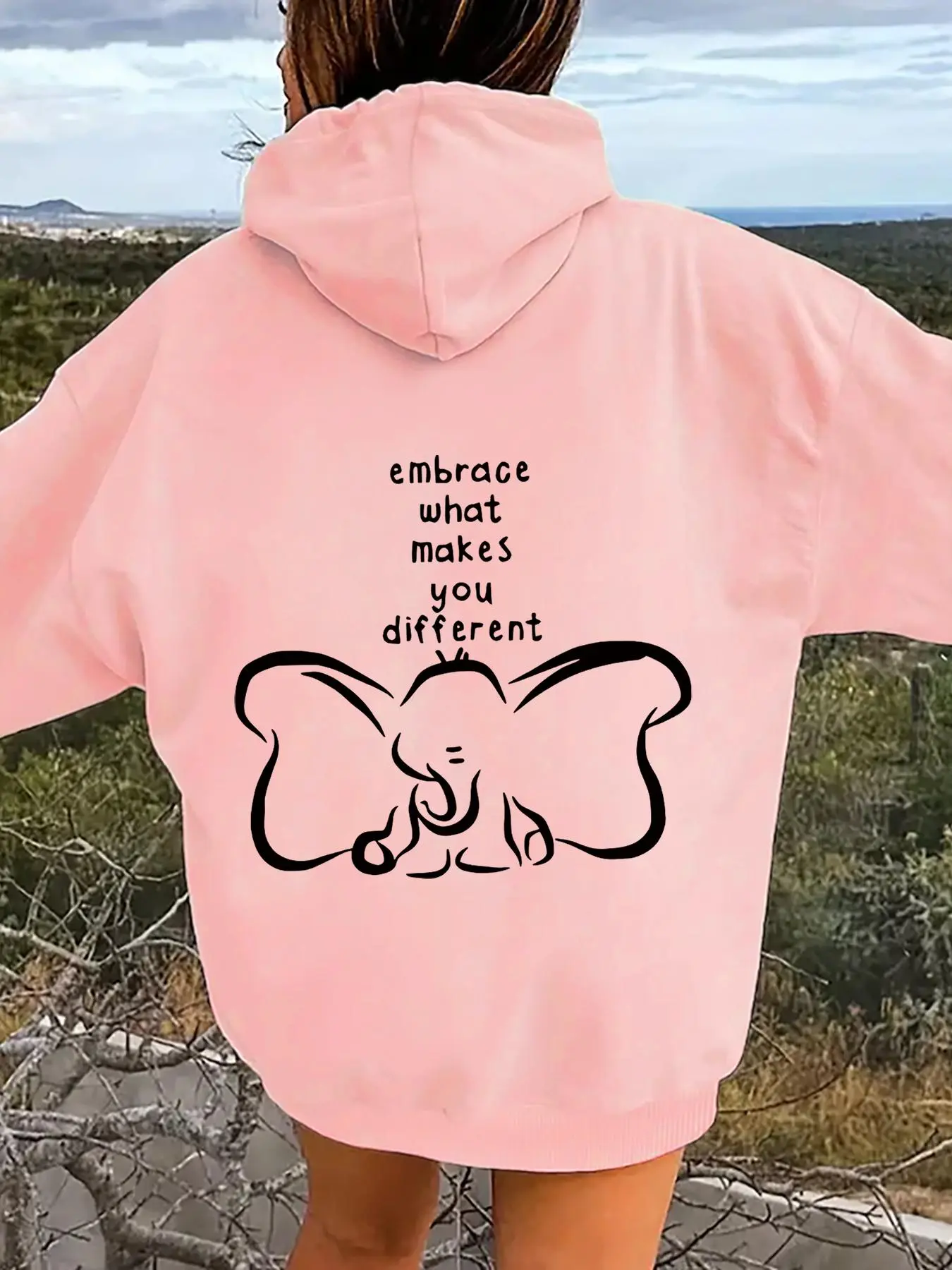 【Plus Size】 Elephant & Letter Print Drop Shoulder Hoodie, Fashion Casual Drawstring Pocket Hooded Sweatshirt for Daily Holiday Outdoor Wear, Women Pastel Clothing Cozy Breathable Outfits for Fall & Winter
