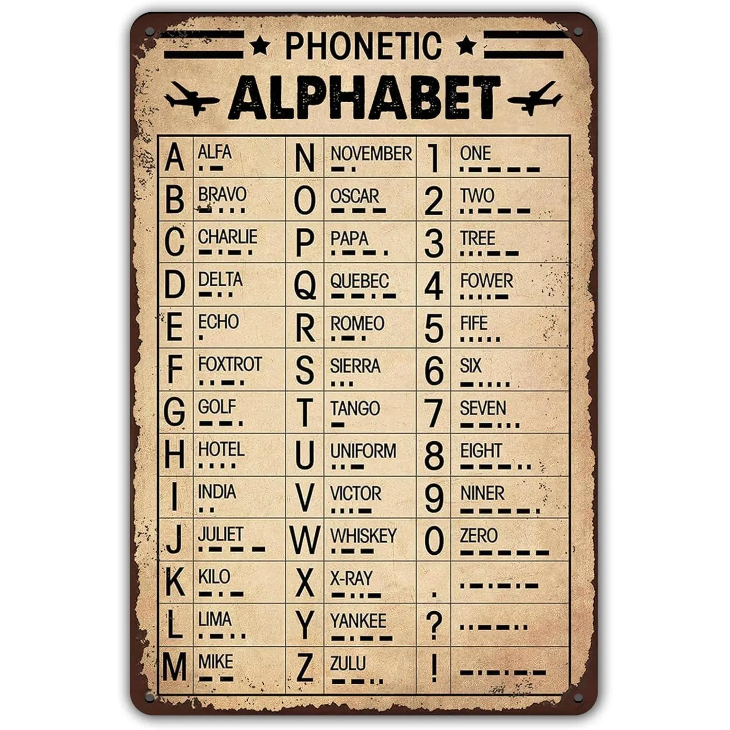 Vintage Military Aviation Phonetic Alphabet Tin Sign - Tape-Hanging Home Decor Plaque, Pilot Gift - Boys Room/Home Office Wall Decoration (8x12 in)