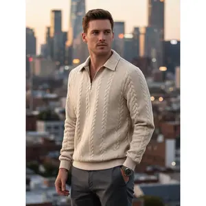 Men's  Cable Knit Half-Zip Polo Sweatshirt - Premium Textured Knitted Design, Stylish Half-Zip Collar & Polo Neck, Soft & Warm Fabric for Autumn/Winter, Ideal for Urban Gentlemen & Business Casual Occasions, Versatile Daily Wear with Sophisticated &