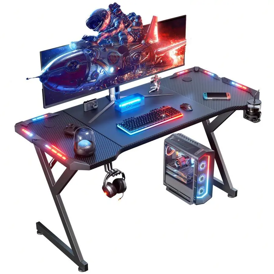 63" Width Modern Carbon Fiber Texture Rectangle Gamer Computer Desk - Sturdy Wood PC Workstation with RGB LED Lights, Ergonomic Design, Detached Mount, Headset Hook, Cup Holder, Adjustable Foot Pads, Black for Home Office Storage, Carbon Fiber Texture Des