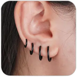 4 Pairs Black Earrings for Men Women, 316L Surgical Stainless Steel Small Hoop Earrings Hypoallergenic Non Tarnish Cartilage Hoop Earrings for Multiple Piercing Huggie Earrings Jewelry (Black-1.6mm)