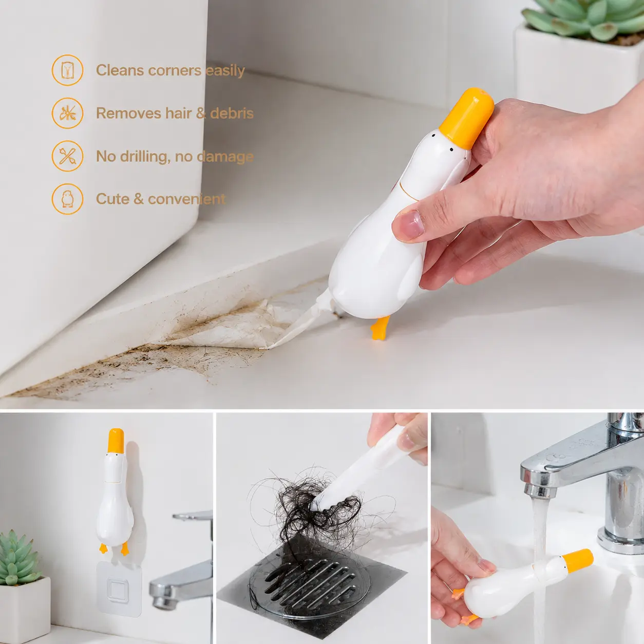 1 Piece Duck Shaped 2-in-1 Cleaning Tool, No Drilling Wall Mount for Bathroom and Kitchen, Clears Sink Seam Stains and Removes Stray Hairs