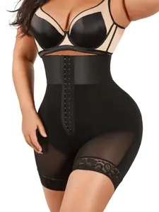 Women's Adjustable Buckle Front Contrast Lace Casual Compression Shapewear Shorts, Breathable Mesh High Waist Shaper, Tummy Control Hip Lifting Shapewear Bottoms Underwear