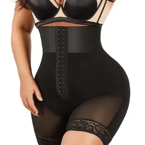 Women's Adjustable Buckle Front Contrast Lace Casual Shapewear Shorts, Breathable Mesh High Waist Shaper, Tummy Control Hip Lifting Shapewear Bottoms, Tummy Control Shapers