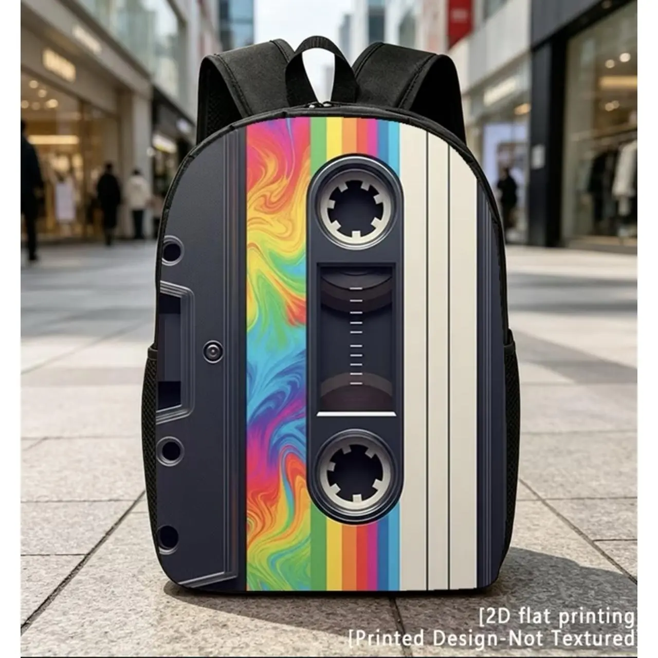 Colorful Retro Cassette Casual Backpack Travel Laptop Rucksack with Ample Capacity 2D Flat Printing for Travel Daily Use and Commuting