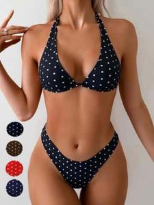Women's Polka Dot Bikini Set, Strapless Triangle Top and High Waist Tie Bottoms, Sexy Beachwear, All Seasons, Fitted Style