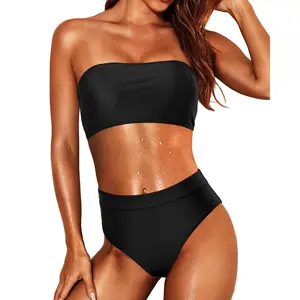 Tempt Me Women's Strapless Bandeau 2-Piece Bikini Set, Comfortable Elastic High-Waisted High-Cut Tummy Control Bathing Suit with Modest Coverage, Flattering Swimsuit Style Swimwear
